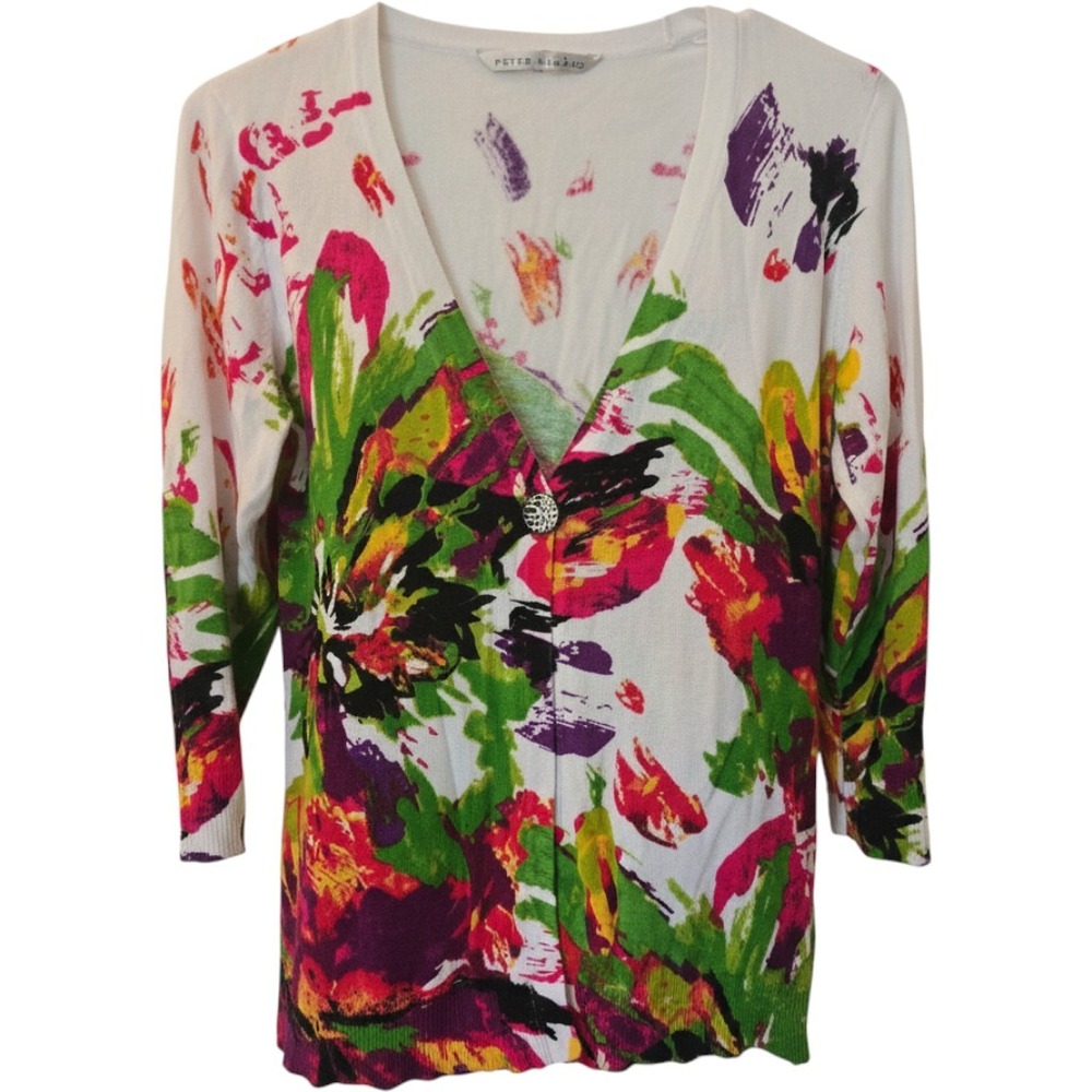 Peter Nygard Bright and bold Floral V-Neck Cardigan 3/4 Sleeve Sweater M
